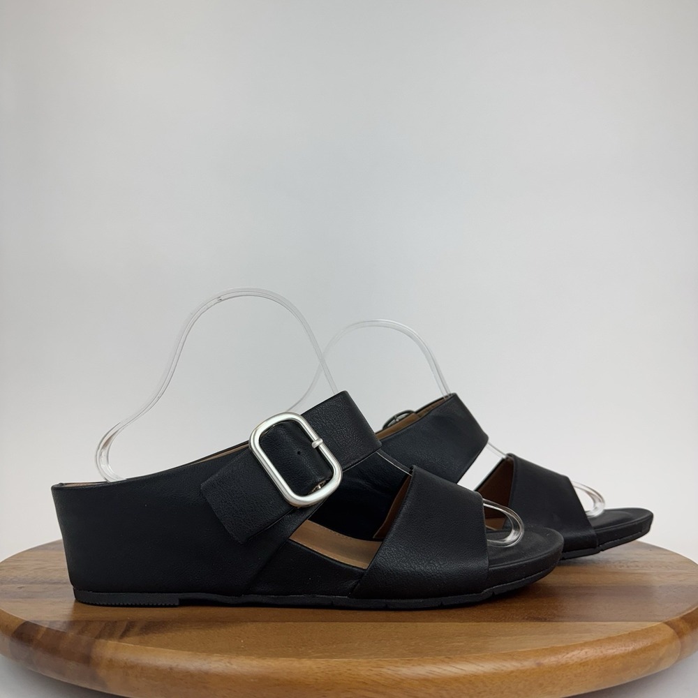 New Womens Eurosoft By Sofft Rue Black Faux Leather Mini Wedge Sandals Size 10 M